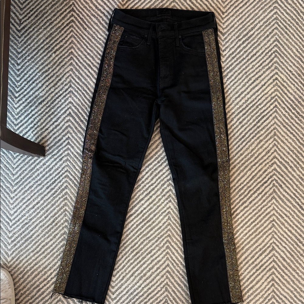 MOTHER Black Jeans with Gold Glitter Side Stripes
